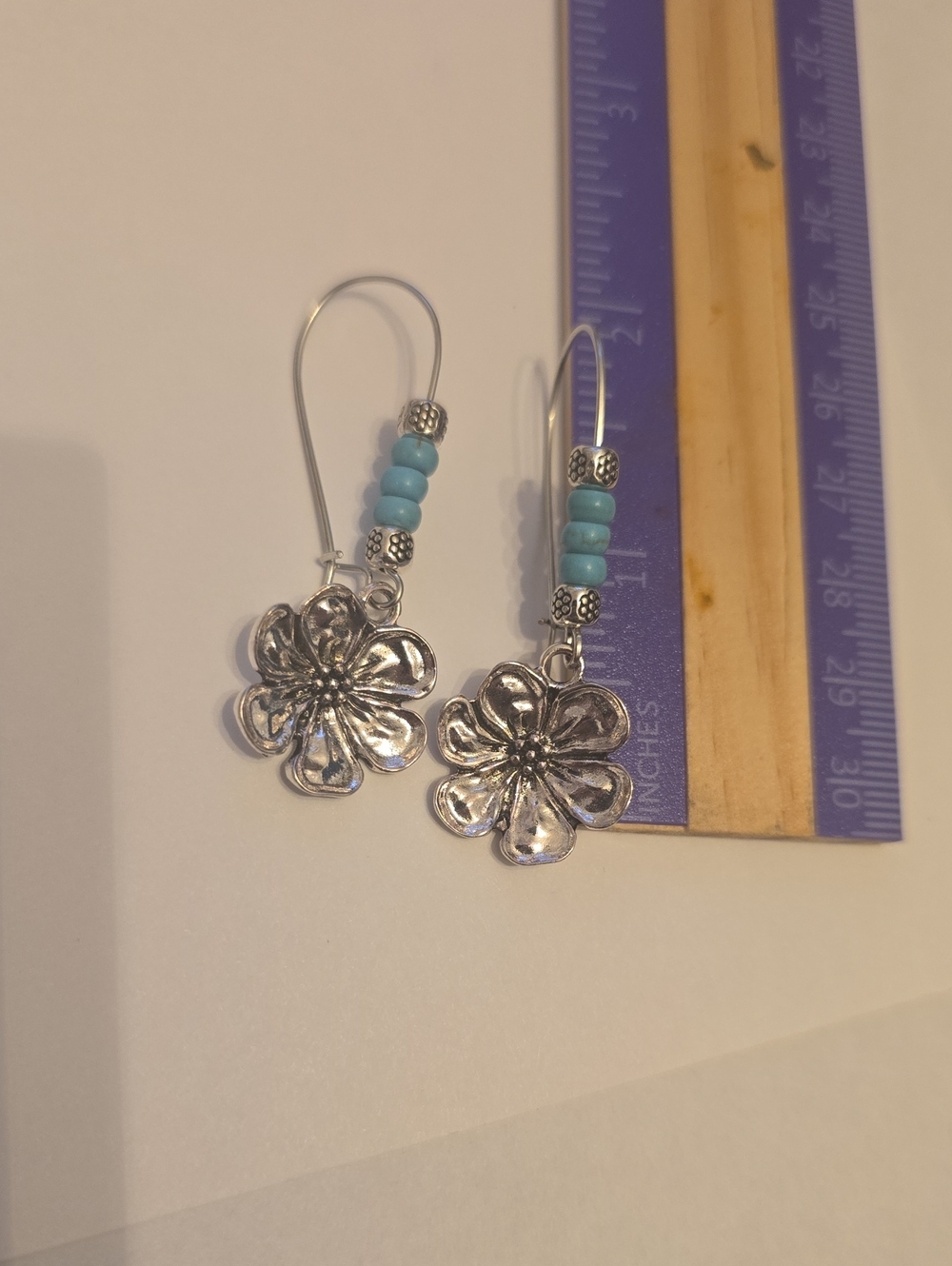 Silver Floral Drop Earrings with Turquoise Beads